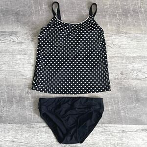 Lands End Tankini Swimsuit Size 10 Polka Dot Padded Tank Black Cheeky Bottoms